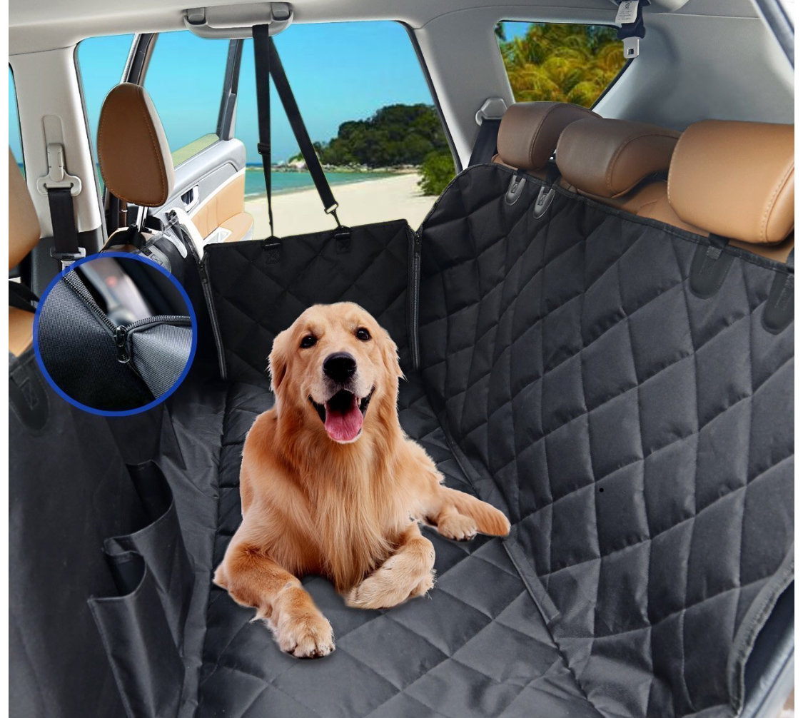 Here's our dog hammock seat cover for the back seat. The sides zip up to  protect the doors and you can lower the flap to protect the seat when the  dogs jump