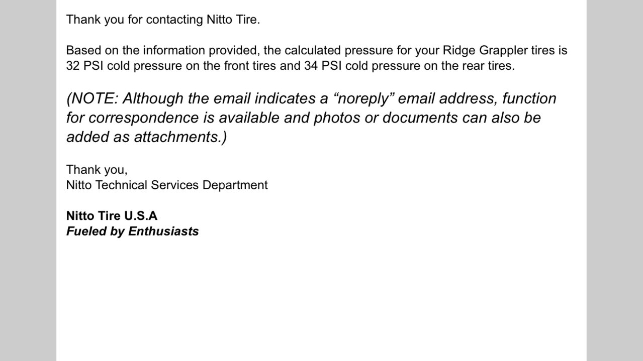 Nitto Ridge Grappler Tire Pressure Chart