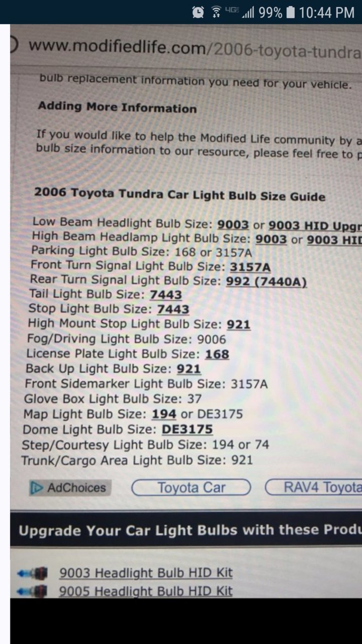 2013 Toyota Tacoma Bulb Size Chart