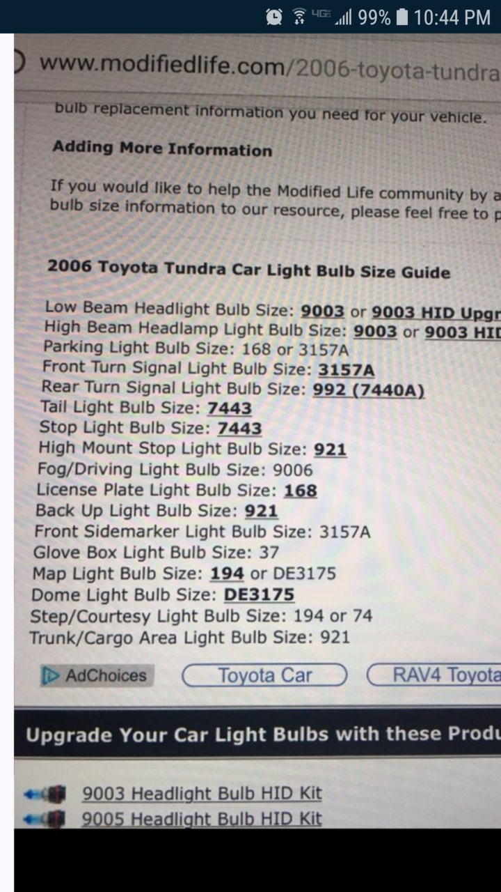 2014 Tundra Light Bulb Chart