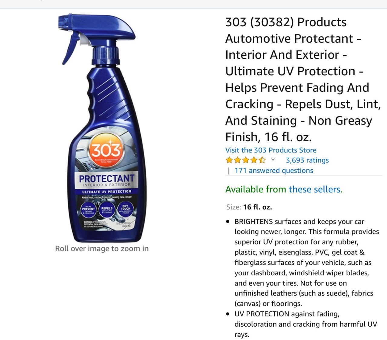  303 Protectant - Automotive Interior And Exterior - Ultimate UV  Protection - Helps Prevent Fading And Cracking - Repels Dust, Lint, And  Staining - Non Greasy Finish, 16 fl. oz. (30382-6PK) : Automotive