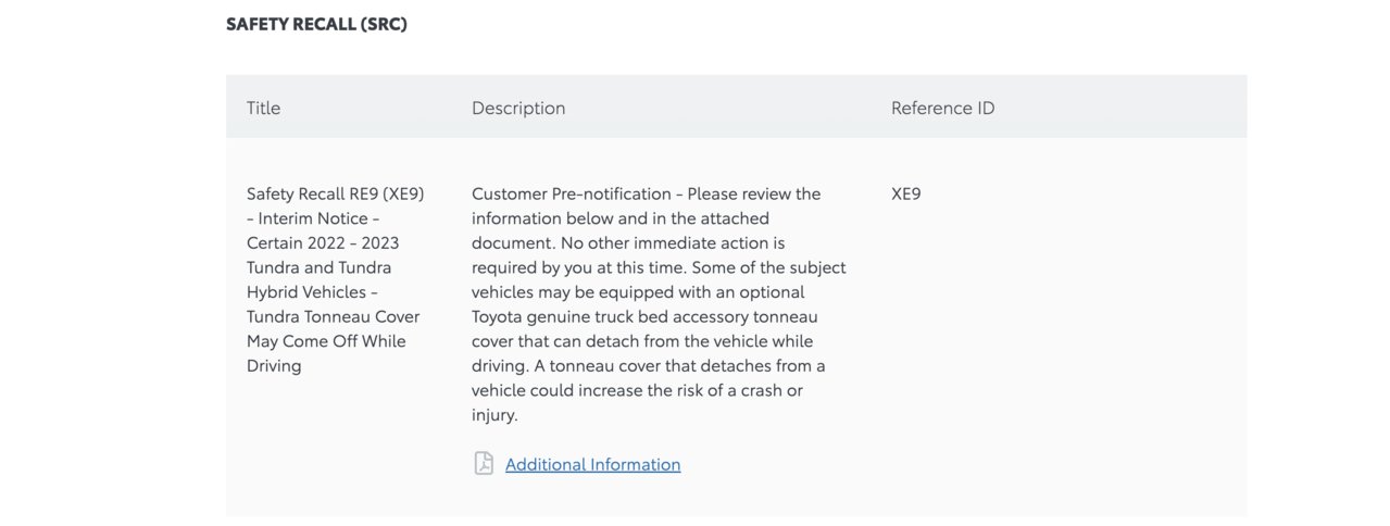 REMEDY AVAILABLE: Safety Recall 23TA03 2022-2023 Tundra, Tundra HV: Tonneau  Cover