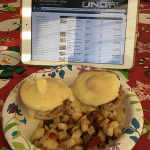 Some eggs Benedict with bacon potatoes. Good morning y'all!