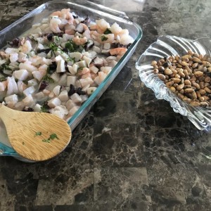 Home made Ceviche Peruvian corn nuts cooked :notsure: Chicken and rice cooking